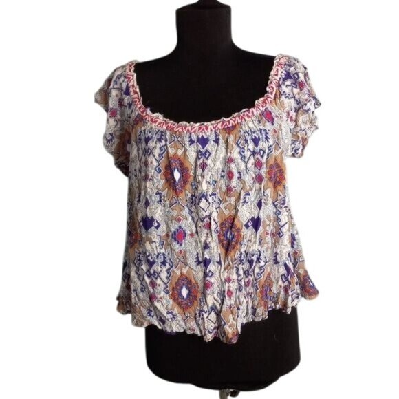 Patrons Of Peace XS Crop Top Boho Peasant Colorful Geometric Crinkle Broomstick - Picture 1 of 8